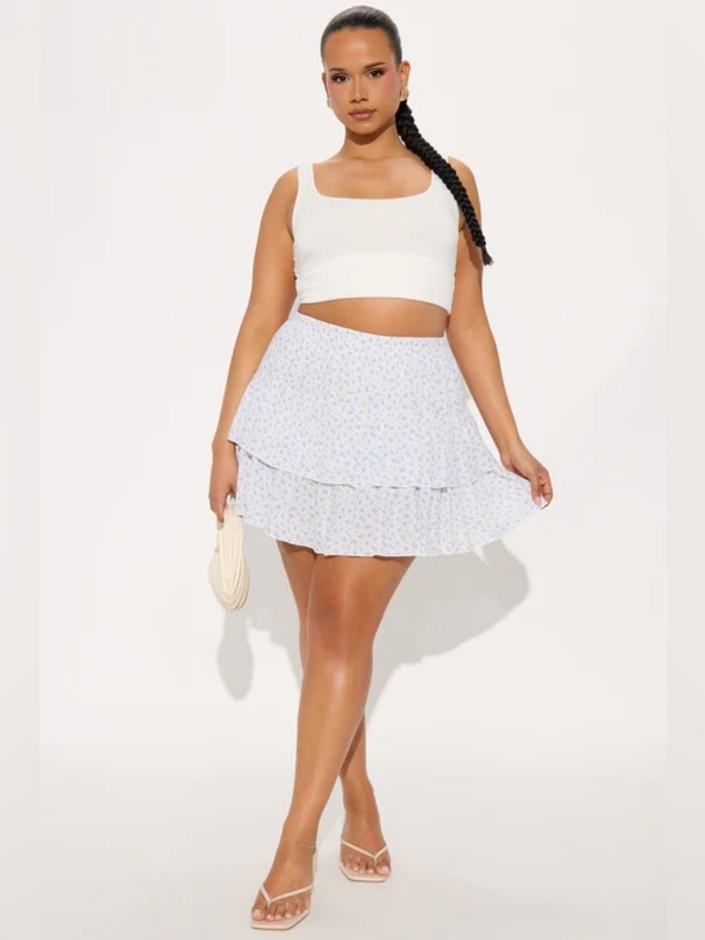 Fashion Nova White Mini Skirt with Blue Floral Print